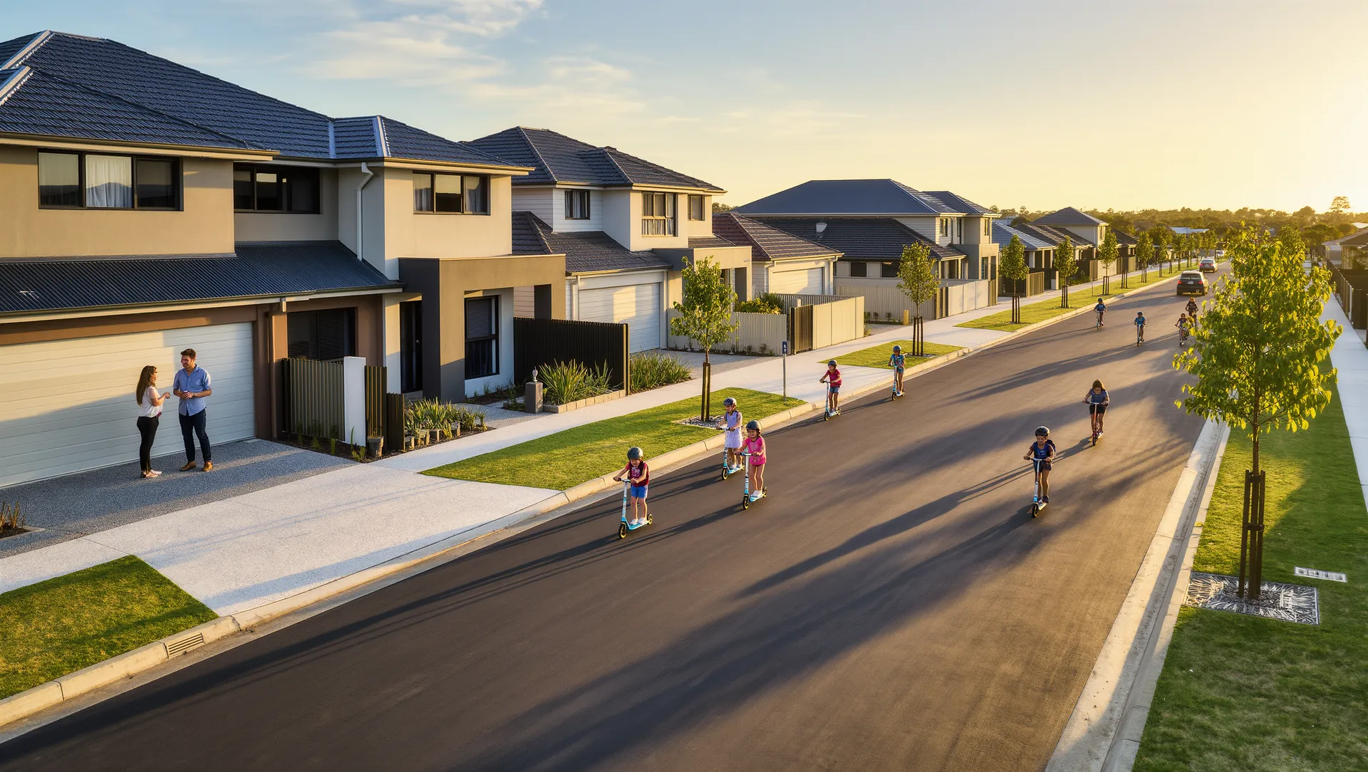 Golden-hour street in a new neighbourhood at Melton East